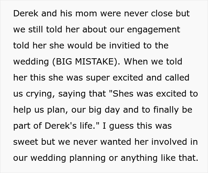 Text describing a controlling mother-in-law eager to help plan a wedding despite the couple’s disinterest in her involvement. Text describing a controlling mother-in-law eager to help plan a wedding despite the couple’s disinterest in her involvement.