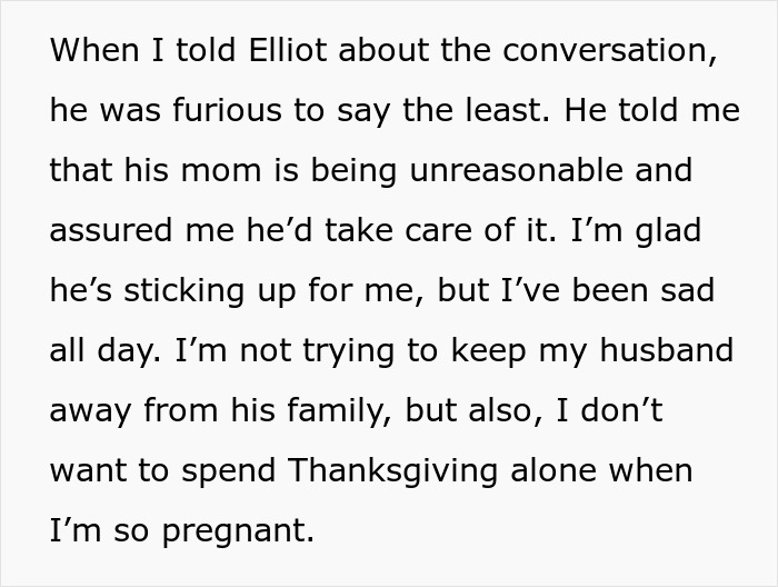 Text describing a son furious at his mom's unreasonable and possessive behavior as he supports his pregnant wife during Thanksgiving.