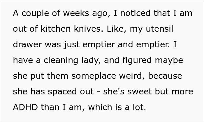 Text excerpt discussing a woman noticing missing kitchen knives while mentioning her cleaning lady with ADHD traits.