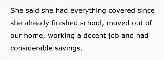 Text discussing a daughter managing money independently after school, working, and having considerable savings.