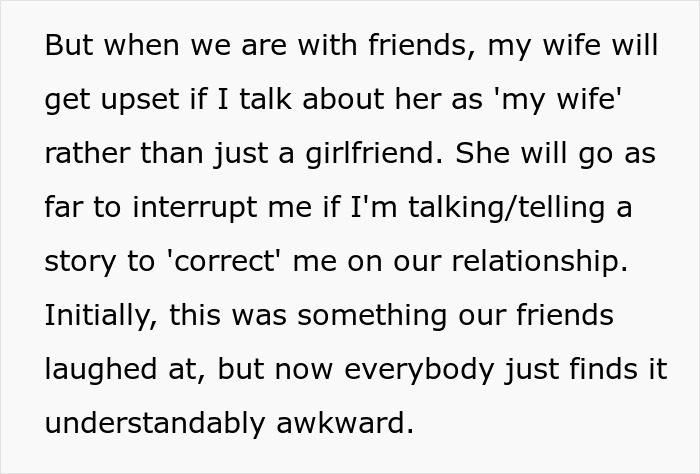 Husband bewildered as wife acts like they are not married, causing awkward moments with friends about their relationship status