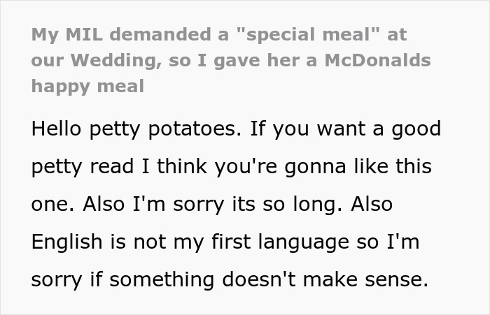 Text from a post about a bride’s savage revenge on a controlling MIL by serving a special meal at the wedding. Text from a post about a bride’s savage revenge on a controlling MIL by serving a special meal at the wedding.