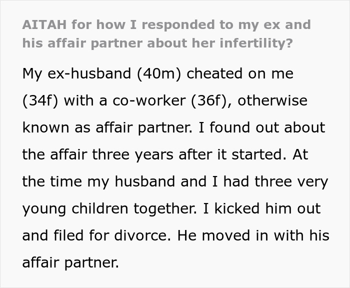 Text excerpt about a cheating husband furious at his ex-wife over his mistress’s infertility in a personal story. Text excerpt about a cheating husband furious at his ex-wife over his mistress’s infertility in a personal story.