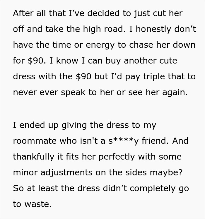 Text excerpt about a woman refusing to pay $90 for a borrowed dress she altered without permission.