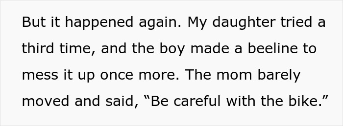 Text excerpt about a mom refusing to discipline her son for bullying at the playground, blaming it on his gender.