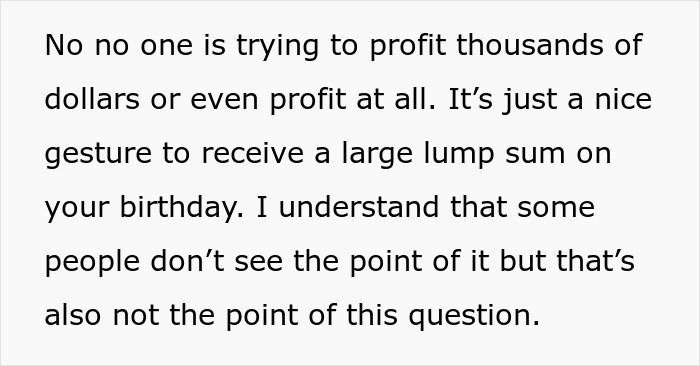 Text excerpt from a family chat discussing the meaning of receiving birthday money as a kind gesture, not profit.