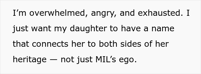 New mom overwhelmed as MIL demands baby's name honor her culture, sparking heritage conflict during recovery period.