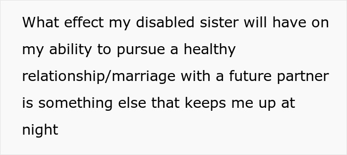 Text excerpt discussing the caretaker's frustration with her disabled sister and impact on her personal life and career.