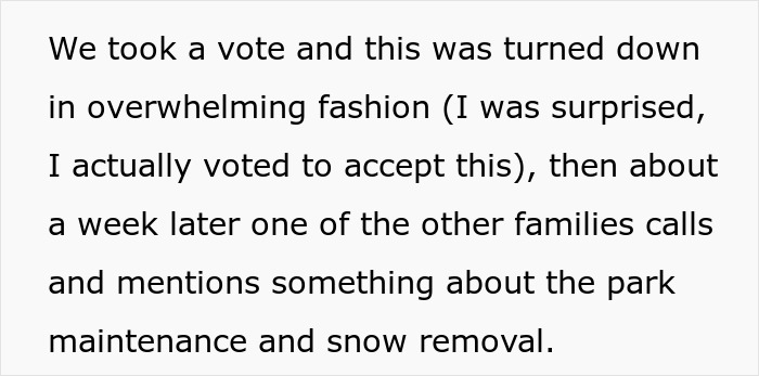 Text excerpt discussing a vote and a family mentioning park maintenance and snow removal in an HOA context.