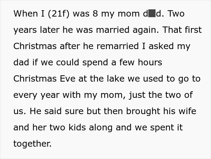 Text excerpt about a selfish dad disrupting his daughter&rsquo;s Christmas memory, highlighting family conflict and apology demand.