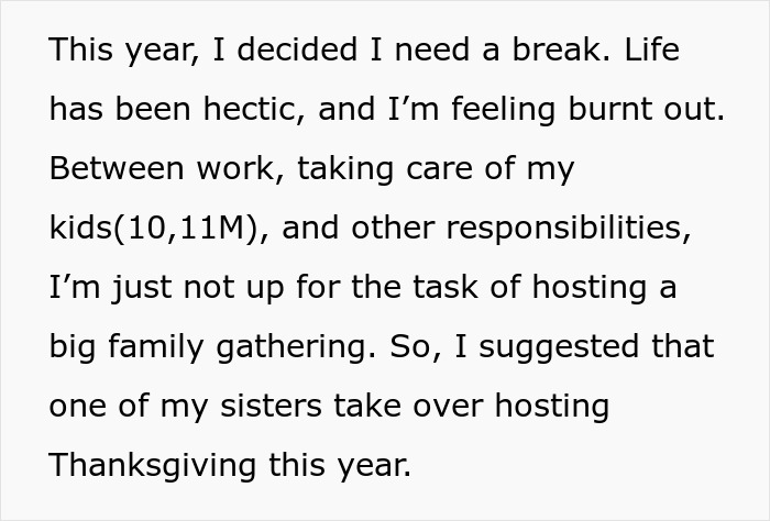 Text about woman asking for a break in hosting a traditional family Thanksgiving due to burnout and responsibilities.