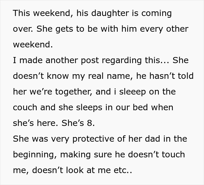 Fiance babysits daughter during weekend visit as she sleeps in their bed while he rests on the couch.