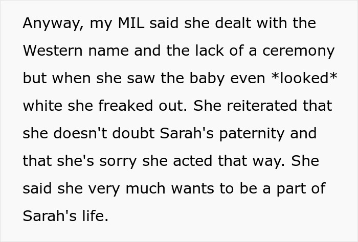 Text excerpt discussing an Indian grandmother demanding a DNA test due to the baby&rsquo;s pale skin appearance.
