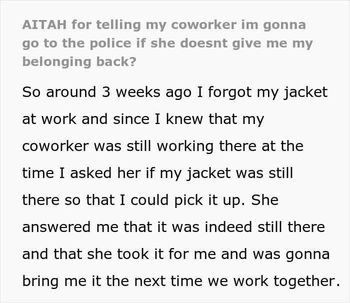 Text discussing a woman refusing to return her coworker&rsquo;s expensive jacket after it was left at work.