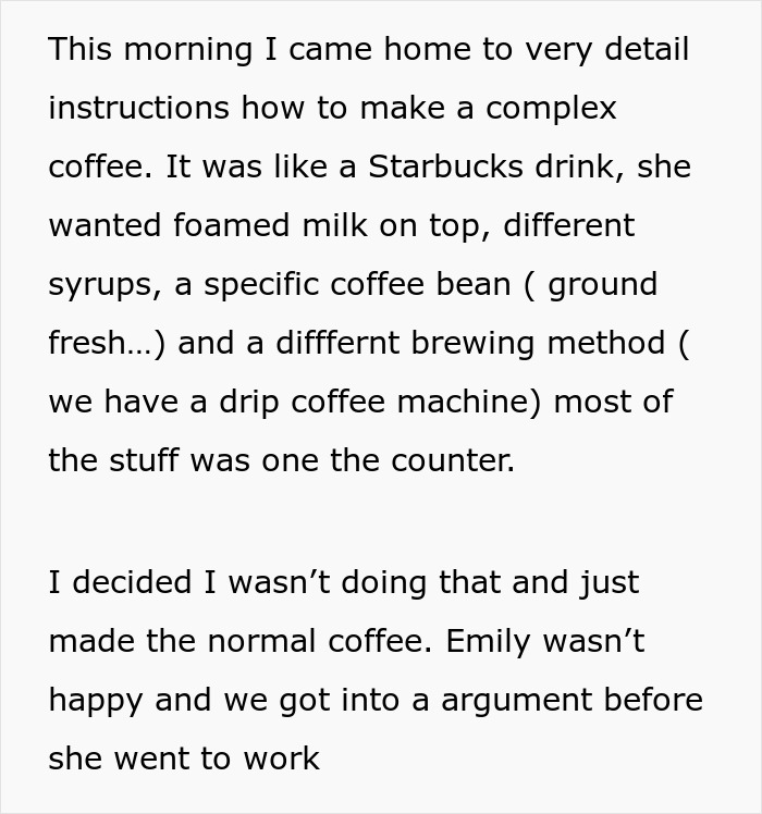 MIL offers to make morning coffee for DIL but ignores detailed instructions after demand for fancy recipe.