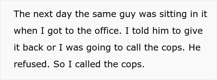 Text excerpt discussing a person refusing to return a $1.8K office chair, highlighting workplace conflict. Text excerpt discussing a person refusing to return a $1.8K office chair, highlighting workplace conflict.