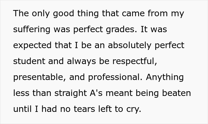 Text describing someone reflecting on suffering, strict expectations for perfect grades, and being respectful and professional. Text describing someone reflecting on suffering, strict expectations for perfect grades, and being respectful and professional.
