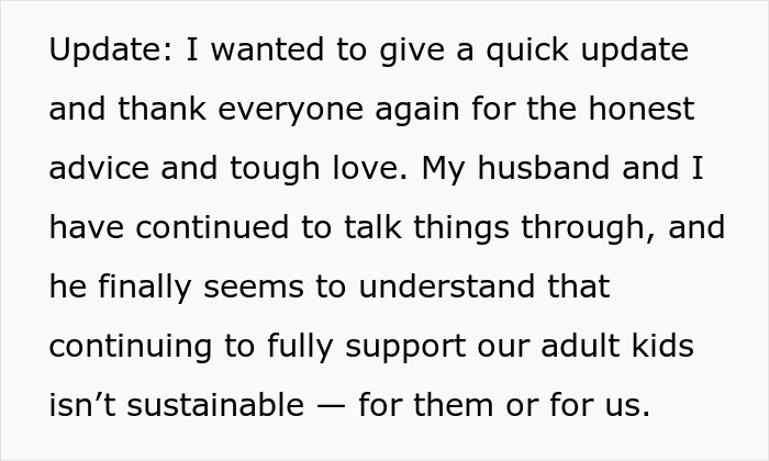 Text update about husband, retirement, and challenges with supporting adult children and managing finances sustainably.
