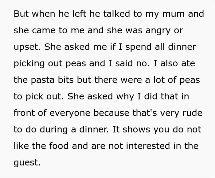 Man picking at food during dinner with mom’s boss, causing tension and worry about ruining the meal atmosphere. Man picking at food during dinner with mom’s boss, causing tension and worry about ruining the meal atmosphere.