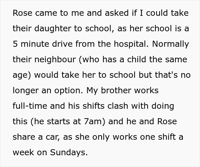 Text about woman refusing to take niece to school causing family-wide meltdown over childcare conflicts.