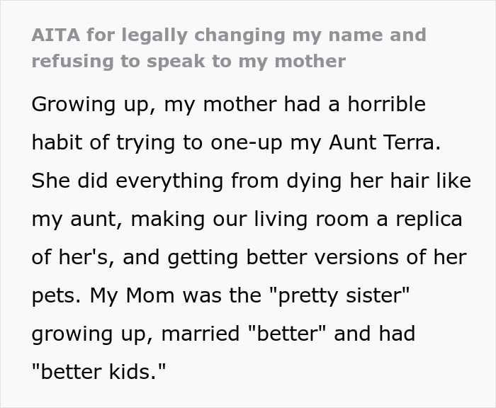 Text about mom throwing a fit when daughter legally changes her name and cuts contact over it. Text about mom throwing a fit when daughter legally changes her name and cuts contact over it.