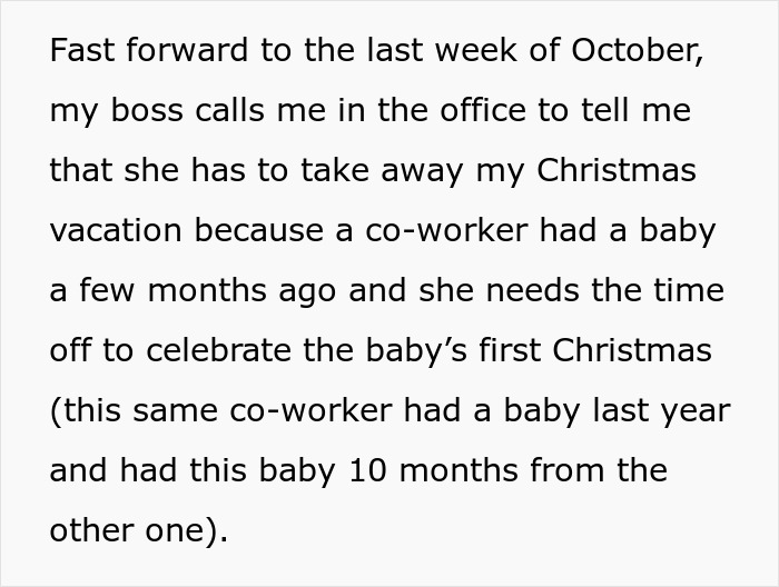 Text excerpt describing a hospital&rsquo;s family first vacation policy causing a child-free employee to quit before Christmas.