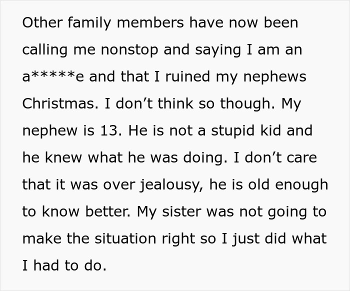 Text describing a woman took back nephew&rsquo;s Christmas gift after a family dispute over jealousy and behavior.