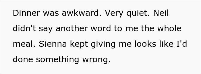 Text excerpt describing an awkward dinner scene with silence and uneasy looks between family members. Text excerpt describing an awkward dinner scene with silence and uneasy looks between family members.