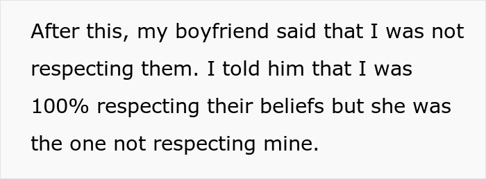 Text discussing a boyfriend mentioning disrespect between a MIL and son's girlfriend over prayers and church attendance.