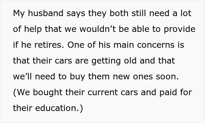 Text discussing husband&rsquo;s concerns about retirement, children&rsquo;s needs, and managing finances for new cars and education.