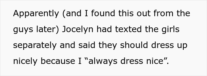 Text message describing a woman discovering dress-code betrayal at Friendsgiving, leading to her storming out with the food. Text message describing a woman discovering dress-code betrayal at Friendsgiving, leading to her storming out with the food.