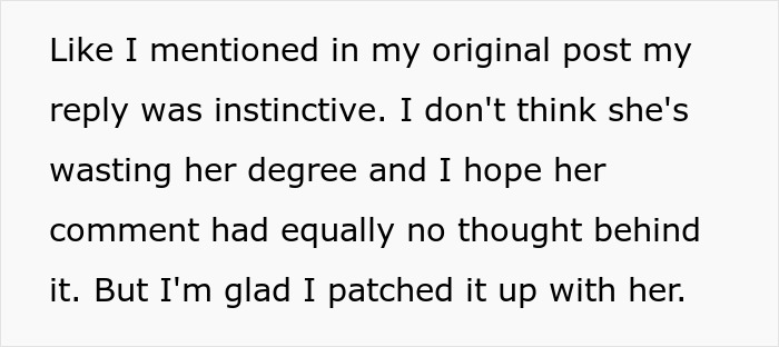 Text message discussing a stay-at-home mom and sister-in-law clapping back about using a college degree.
