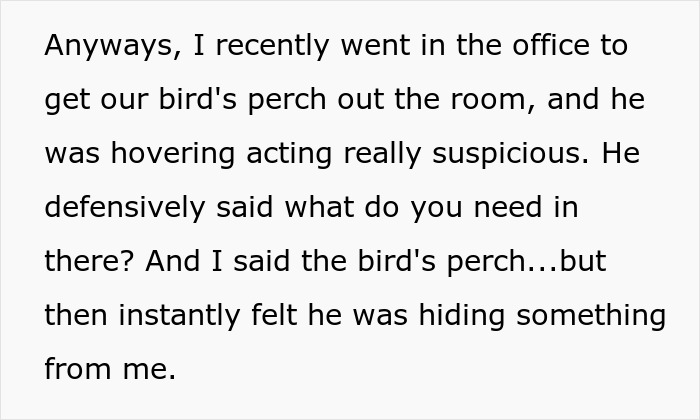 Text about pregnant wife suspicious of husband acting defensive near his locked office, sensing he is hiding something.