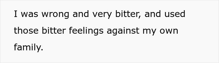 Text on a white background stating personal regret about being wrong and bitter, referencing family conflicts over language use.