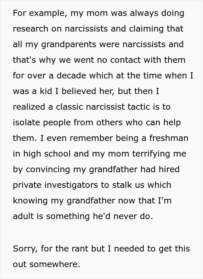 Text excerpt discussing narcissist tactics and family dynamics involving an autistic brother and entitled parents ignoring behavior.
