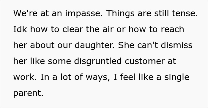 Text describing a man feeling like a single parent as his wife ignores their 10-year-old daughter and prioritizes work over family.