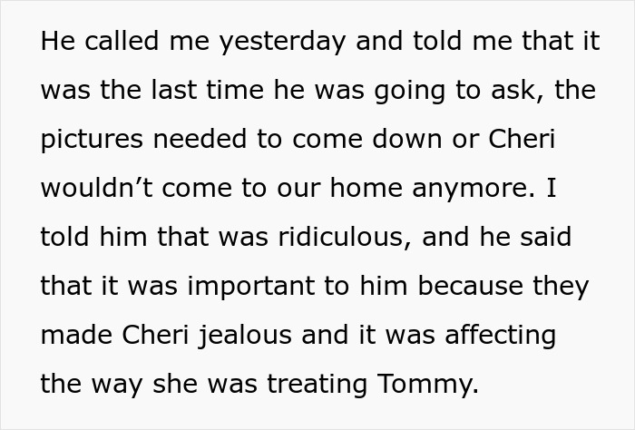 Text discussing a jealous wife upset over husband's mom having pictures of his ex, demanding their removal.