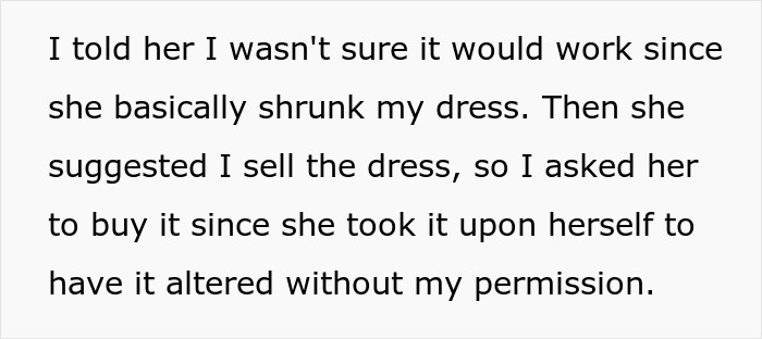 Text excerpt about a woman refusing to pay $90 for a borrowed dress she altered without permission.