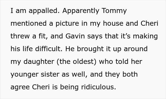 Text message expressing frustration over a jealous wife throwing a fit about hubby&rsquo;s mom having pics of his ex in her house.