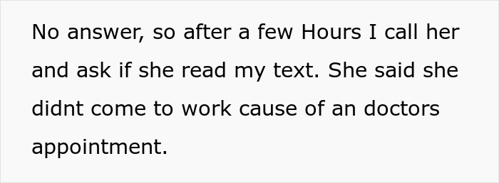 Text message about a woman refusing to return her coworker&rsquo;s expensive jacket after missing work due to a doctor&rsquo;s appointment.