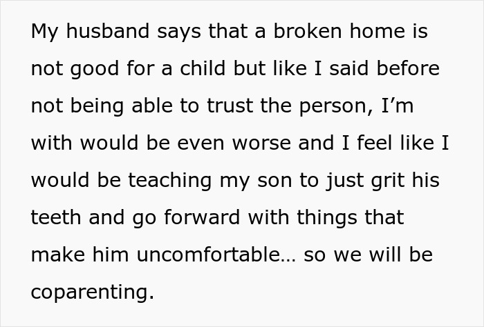 Alt text: Text discussing broken home struggles, trust issues, and coparenting after cheating during pregnancy and postpartum.
