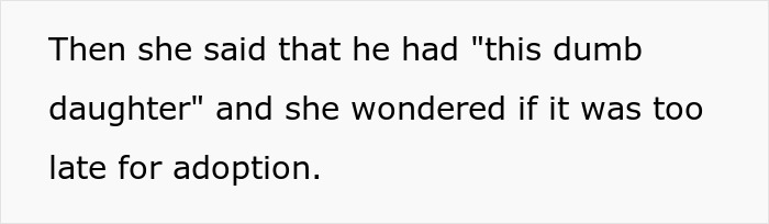 Text on a plain background describing a conversation about wondering if it was too late for adoption.