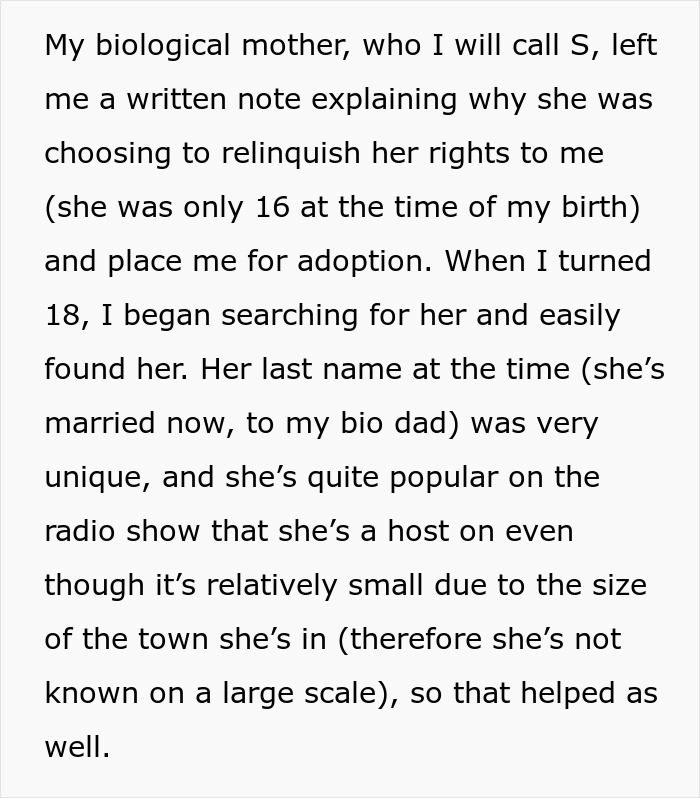 Text excerpt explaining a woman&rsquo;s search to reunite with her biological mother after adoption, facing challenges from adoptive parents.