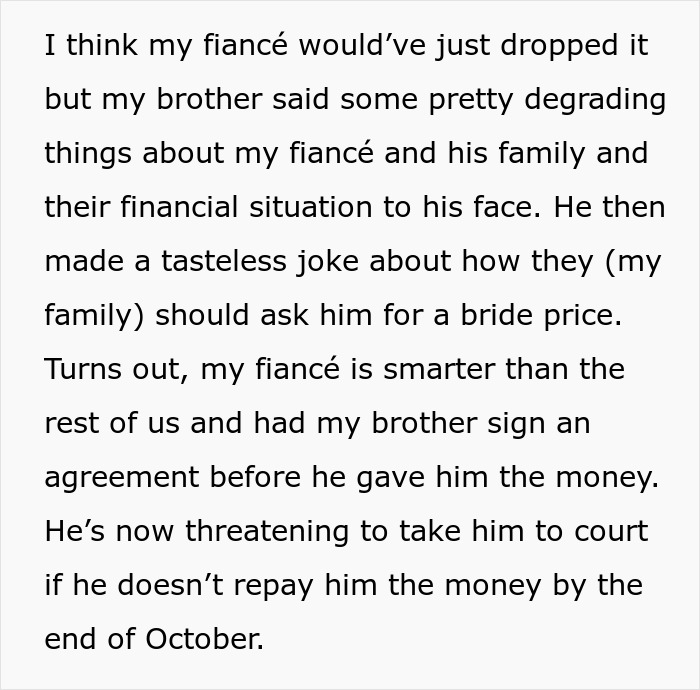 Bride&rsquo;s family upset as fianc&eacute; threatens legal action against her brother over financial dispute before wedding.