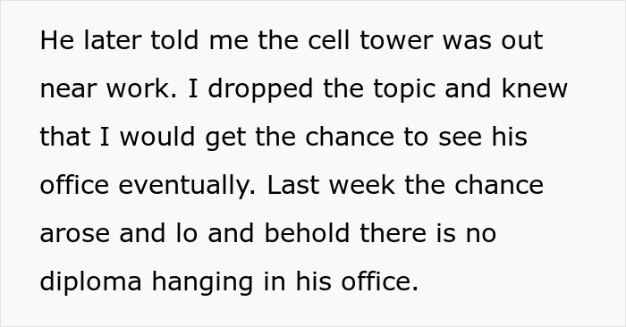 Text excerpt about a man lying about a master&rsquo;s degree with no diploma displayed in his office.