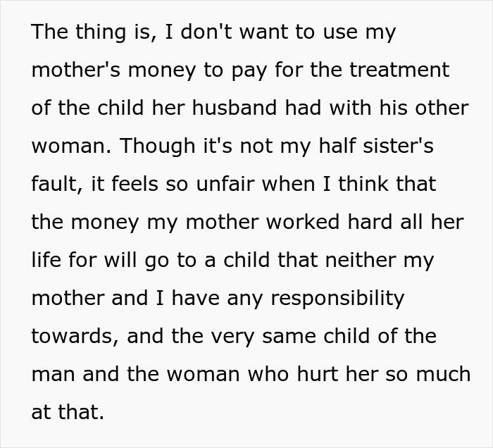Text excerpt about woman refusing to pay for dad&rsquo;s lovechild&rsquo;s surgery using inheritance money over fairness concerns.
