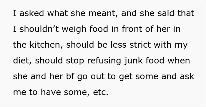 Text about a health nut roomie being asked to eat fast food and drink due to concerns over strict diet triggering ED.