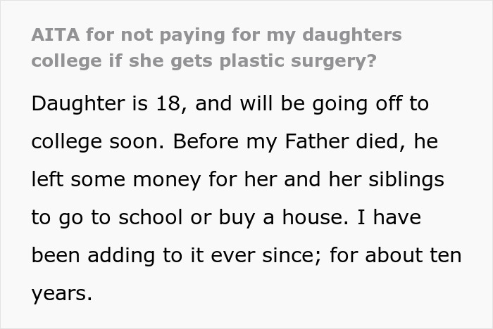 Text excerpt about an 18-year-old wanting to spend grandpa's inheritance on a BBL instead of college expenses.