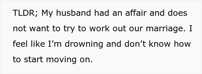 Text excerpt describing a woman coping with her husband’s affair and struggling to move on from the marriage. Text excerpt describing a woman coping with her husband’s affair and struggling to move on from the marriage.