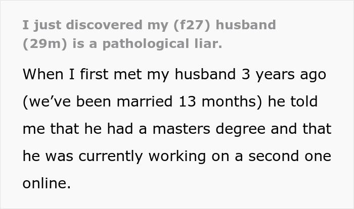 Text post with woman&rsquo;s story about discovering husband lied about having a master&rsquo;s degree after marriage.